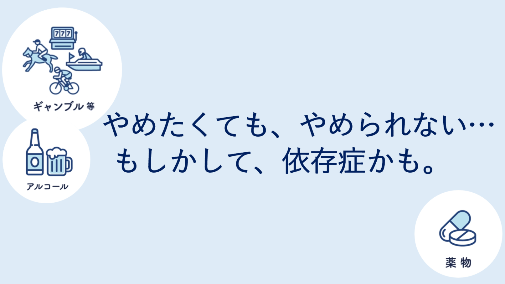 やめたいのにやめられない…もしかして、依存症かも。依存症についてはこちら